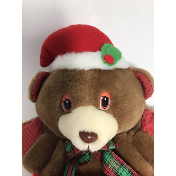 Vintage Christmas Stocking Plush Teddy Bear Tan Brown Red Overalls Santa hat 18" - Picture 2 of 9